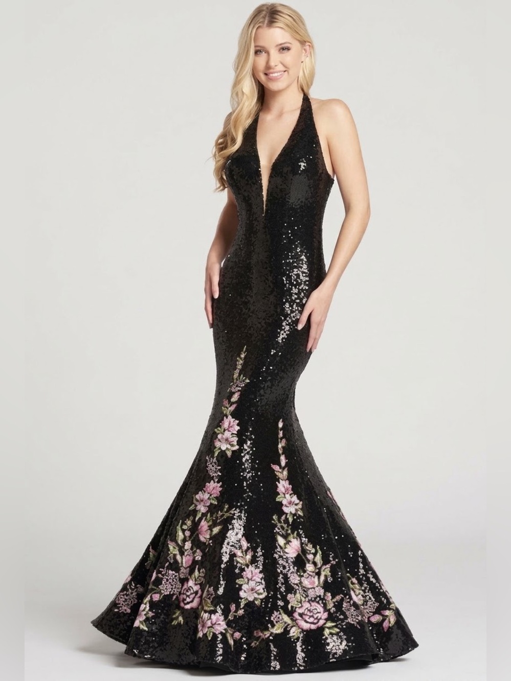 NWT ELLIE WILDE for MON CHERI Black Sequined Mermaid Floral gown size 4